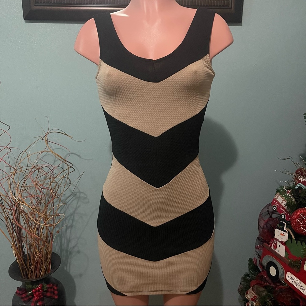Black And Tan Mini Strechy Dress
